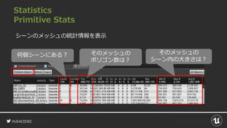 #UE4CEDEC
Statistics
Primitive Stats
何個シーンにある？ そのメッシュの
ポリゴン数は？
そのメッシュの
シーン内の大きさは？
シーンのメッシュの統計情報を表示
 