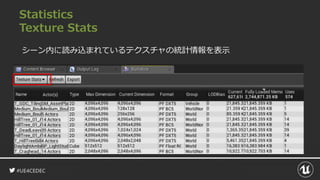 #UE4CEDEC
Statistics
Texture Stats
シーン内に読み込まれているテクスチャの統計情報を表示
 