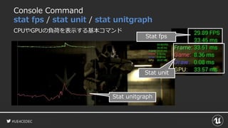 #UE4CEDEC
Console Command
stat fps / stat unit / stat unitgraph
Stat unitgraph
Stat fps
Stat unit
CPUやGPUの負荷を表示する基本コマンド
 
