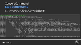 #UE4CEDEC
ConsoleCommand
Stat dumpframe
1フレームのCPU処理フローの階層表示
 