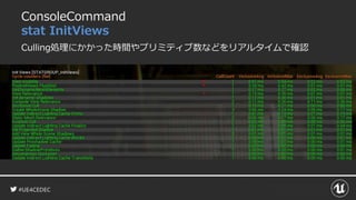 #UE4CEDEC
ConsoleCommand
stat InitViews
Culling処理にかかった時間やプリミティブ数などをリアルタイムで確認
 