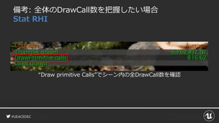 #UE4CEDEC
備考: 全体のDrawCall数を把握したい場合
Stat RHI
“Draw primitive Calls”でシーン内の全DrawCall数を確認
 