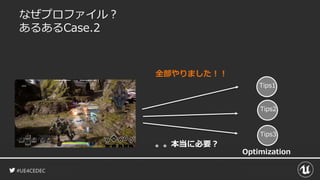 #UE4CEDEC
なぜプロファイル？
あるあるCase.2
Tips1
Tips2
Tips3
Optimization
。。本当に必要？
全部やりました！！
 