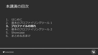 #UE4CEDEC
本講演の目次
1. はじめに
2. 基本のプロファイリングツール 1
3. プロファイルの流れ
4. 基本のプロファイリングツール 2
5. Showcase
6. まとめ＆おまけ
 