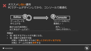 #UE4CEDEC
Console
オススメしない運用
PCでゲームデザインしてから、コンソールで最適化
Editor 1
ゲームプレイを
作り上げる
2
コンソール向けに
最適化！！
問題点
• 弱: 修正するアセットが大量になる。
• 強: 実機では実現不可能
対策1: 仕様を満たすために著しくクオリティを下げる
対策2: ゲームの仕様を再考する
敵が100万体同時に
出て来るゲームだぜ！
あれ。。。
1fpsしか出ない。
 