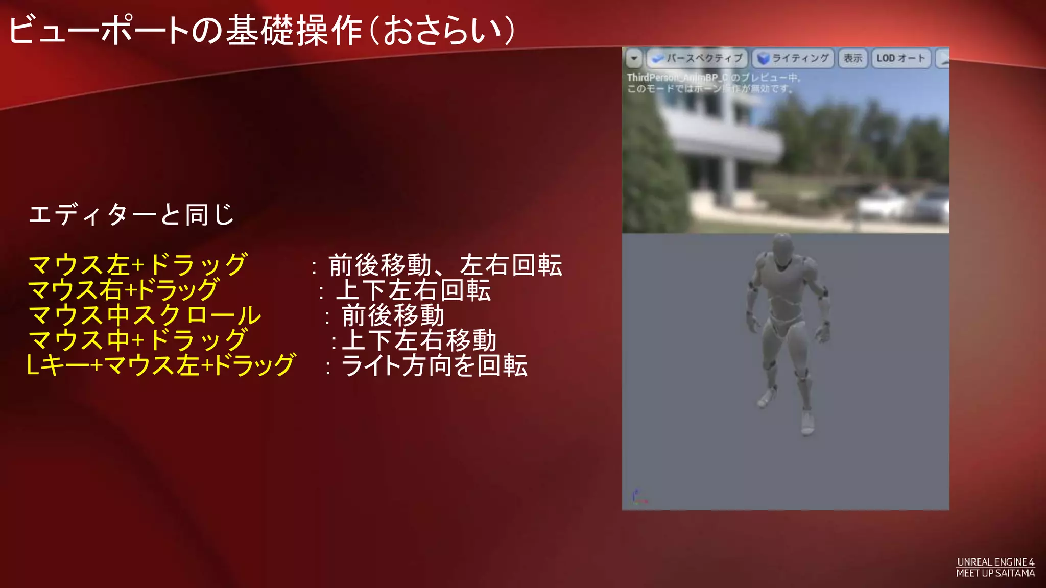 ビューポートの基礎操作（おさらい）
エディターと同じ
マウス左+ドラッグ ：前後移動、左右回転
マウス右+ドラッグ ：上下左右回転
マウス中スクロール ：前後移動
マウス中+ドラッグ ：上下左右移動
Lキー+マウス左+ドラッグ ：ライト方向を回転
 