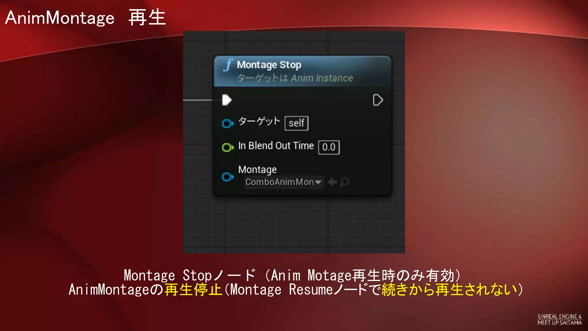 AnimMontage 再生
Montage Stopノード（Anim Motage再生時のみ有効）
AnimMontageの再生停止（Montage Resumeノードで続きから再生されない）
 
