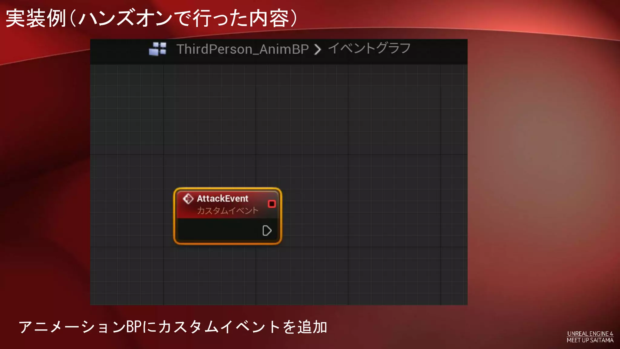 実装例（ハンズオンで行った内容）
アニメーションBPにカスタムイベントを追加
 