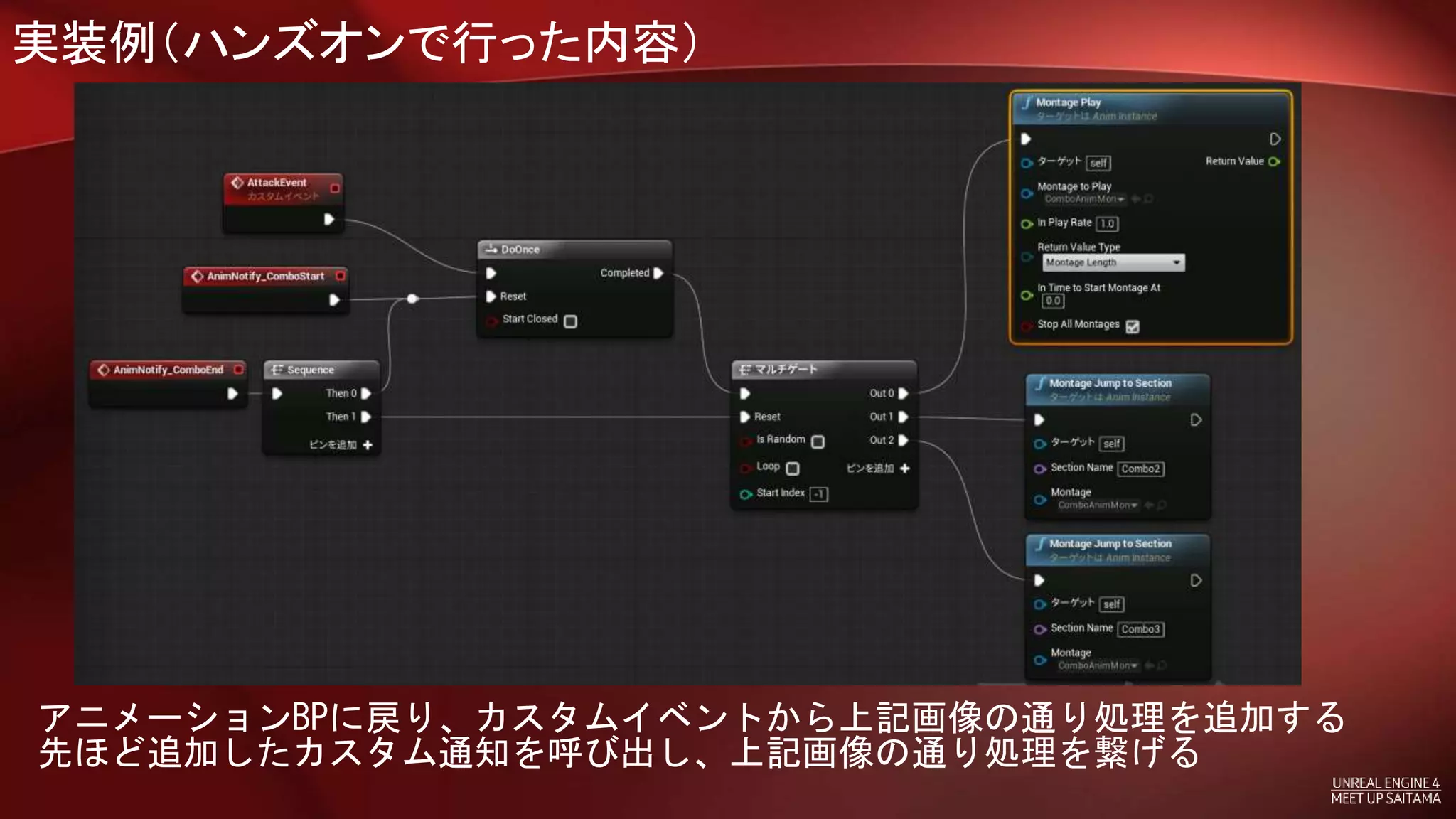 実装例（ハンズオンで行った内容）
アニメーションBPに戻り、カスタムイベントから上記画像の通り処理を追加する
先ほど追加したカスタム通知を呼び出し、上記画像の通り処理を繋げる
 