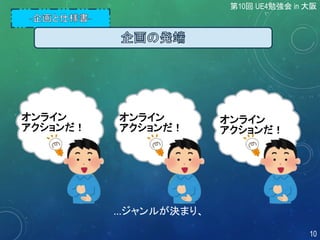 オンライン
アクションだ！
オンライン
アクションだ！
オンライン
アクションだ！
...ジャンルが決まり、
第10回 UE4勉強会 in 大阪
10
 