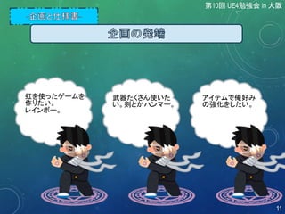 虹を使ったゲームを
作りたい。
レインボー。
武器たくさん使いた
い。剣とかハンマー。
アイテムで俺好み
の強化をしたい。
第10回 UE4勉強会 in 大阪
11
 