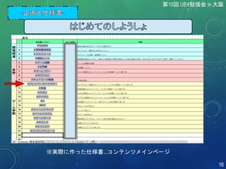 ※実際に作った仕様書...コンテンツメインページ
第10回 UE4勉強会 in 大阪
16
 