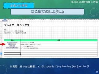 ※実際に作った仕様書...コンテンツからプレイヤーキャラクターページ
第10回 UE4勉強会 in 大阪
17
 