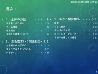目次：
 １．全体のお話
登壇者、自己紹介
チーム構成
作品紹介
企画と仕様書について
 ２．三毛猫まいく開発担当
お手軽レベルデザイン
マテリアルを使ってみる
UIデザイン
第10回 UE4勉強会 in 大阪
1
 ３．あさと開発担当
概要
クラス継承
オーバーライド
ＢＰインターフェース
本制作を通しての感想
・・・ ２
・・・ ３
・・・ ５
・・・ ７
・・・ ８
・２２
・・・ ２３
・・・ ３７
・・・ ４９
・・・６４
・・・ ６５
・・・ ６９
・・・ ７５
・・・ ８３
・・・ ９５
 