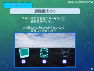 スキルで宇宙戦艦ヤマトみたいな
波動砲を作りたい！
でも難しいことは分からないので
分解して考えてみた
1 2 3
第10回 UE4勉強会 in 大阪
40
 
