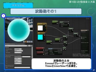 波動砲の土台
Fresnelでレーザーっぽさを。
TimeとLinerSineで点滅を。
1
第10回 UE4勉強会 in 大阪
41
 