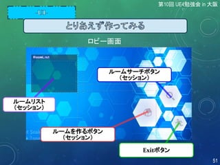 ロビー画面
ルームを作るボタン
（セッション）
ルームサーチボタン
（セッション）
Exitボタン
ルームリスト
（セッション）
第10回 UE4勉強会 in 大阪
51
 