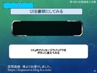空想曲線 様よりお借りしました。
https://kopacurve.blog.fc2.com/
UE4内でメッセージウインドウを
ボタンに変えてみる
第10回 UE4勉強会 in 大阪
57
 