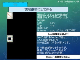 Box（画像は公式より）
Border（画像は公式より）
例えば、上下左右の青線が
画像サイズの２５％だったら
Mergin
Left 0.25
Top 0.25
Right0.25
Bottom 0.25 だいたい左の様に
Boxの他にもBorderがあり、
こちらは指定した所
以外を空白にするっぽいです。
色々用途がありそうですが、
編集上だとZoomの具合で
形状が変わるので注意。
第10回 UE4勉強会 in 大阪
59
 