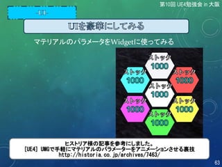 マテリアルのパラメータをWidgetに使ってみる
http://historia.co.jp/archives/7463/
ヒストリア様の記事を参考にしました。
[UE4] UMGで手軽にマテリアルのパラメーターをアニメーションさせる裏技
http://historia.co.jp/archives/7463/
第10回 UE4勉強会 in 大阪
63
 