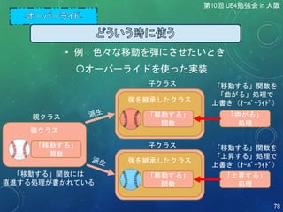 弾クラス
〇オーバーライドを使った実装
「移動する」
関数
親クラス
子クラス
弾を継承したクラス
「移動する」
関数
子クラス
弾を継承したクラス
「移動する」
関数
「曲がる」
処理
「上昇する」
処理
「移動する」関数を
「曲がる」処理で
上書き（ｵｰﾊﾞｰﾗｲﾄﾞ）
「移動する」関数を
「上昇する」処理で
上書き（ｵｰﾊﾞｰﾗｲﾄﾞ）
「移動する」関数には
直進する処理が書かれている
• 例：色々な移動を弾にさせたいとき
第10回 UE4勉強会 in 大阪
78
 
