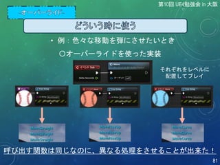 • 例：色々な移動を弾にさせたいとき
〇オーバーライドを使った実装
呼び出す関数は同じなのに、異なる処理をさせることが出来た！
第10回 UE4勉強会 in 大阪
81
それぞれをレベルに
配置してプレイ
 
