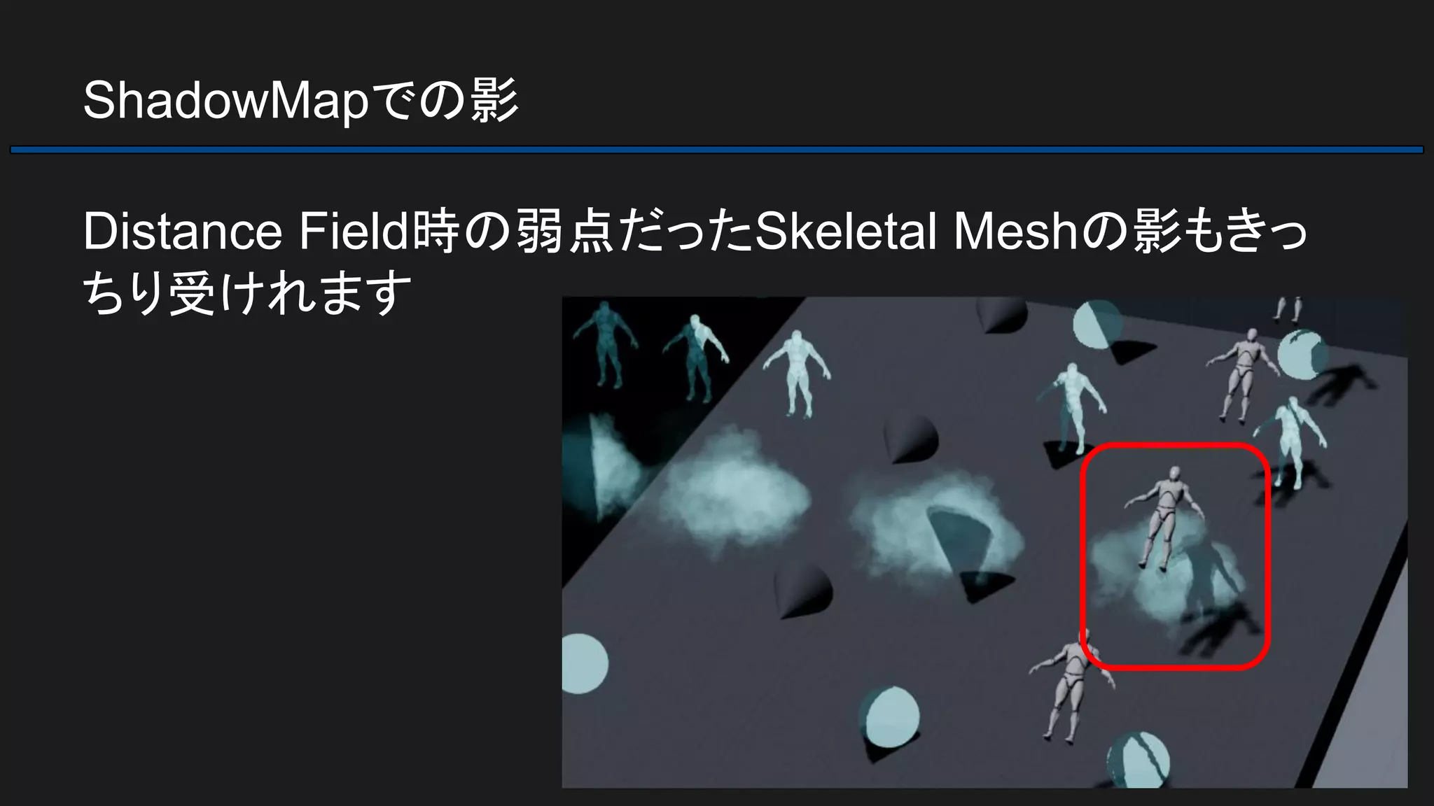 ShadowMapでの影
Distance Field時の弱点だったSkeletal Meshの影もきっ
ちり受けれます
 