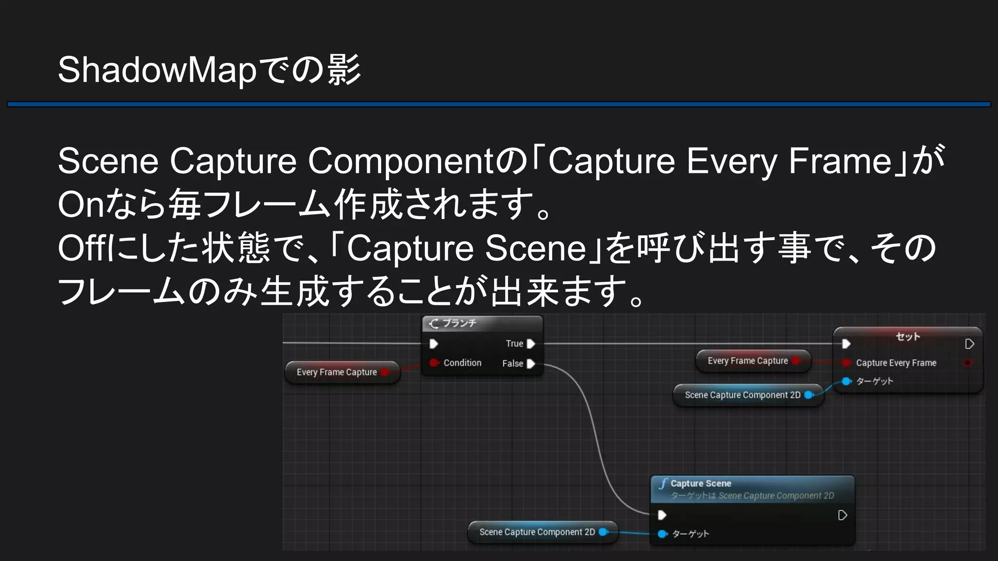 ShadowMapでの影
Scene Capture Componentの「Capture Every Frame」が
Onなら毎フレーム作成されます。
Offにした状態で、「Capture Scene」を呼び出す事で、その
フレームのみ生成することが出来ます。
 