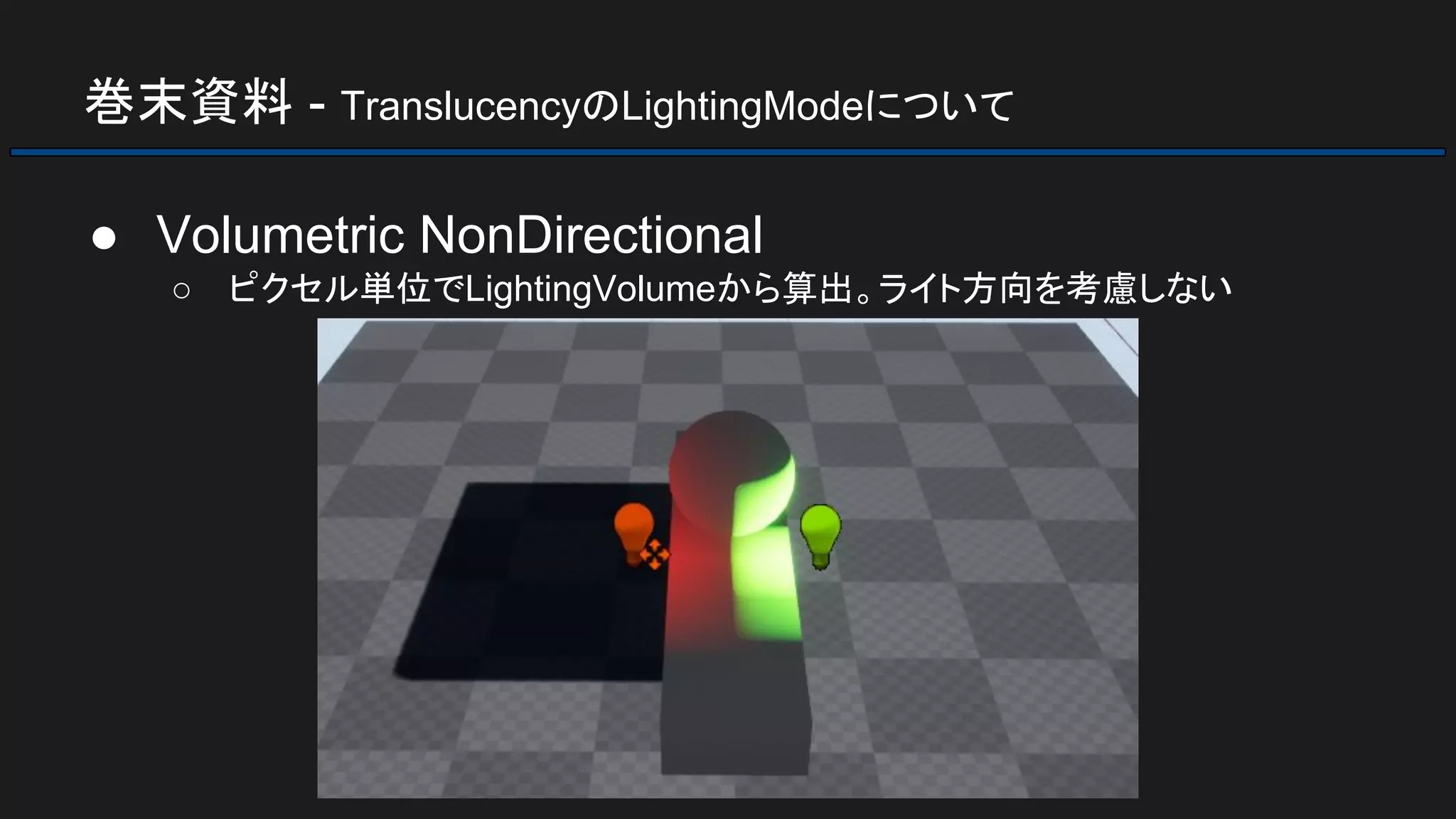 巻末資料 - TranslucencyのLightingModeについて
● Volumetric NonDirectional
○ ピクセル単位でLightingVolumeから算出。ライト方向を考慮しない
 