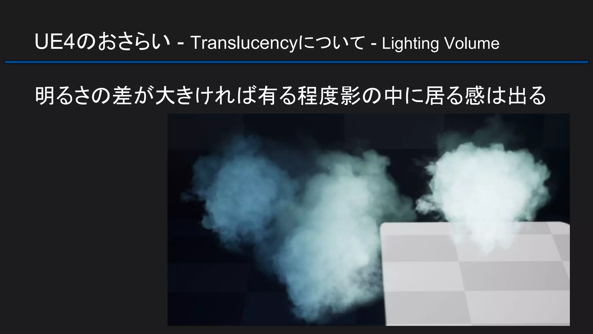 UE4のおさらい - Translucencyについて - Lighting Volume
明るさの差が大きければ有る程度影の中に居る感は出る
 