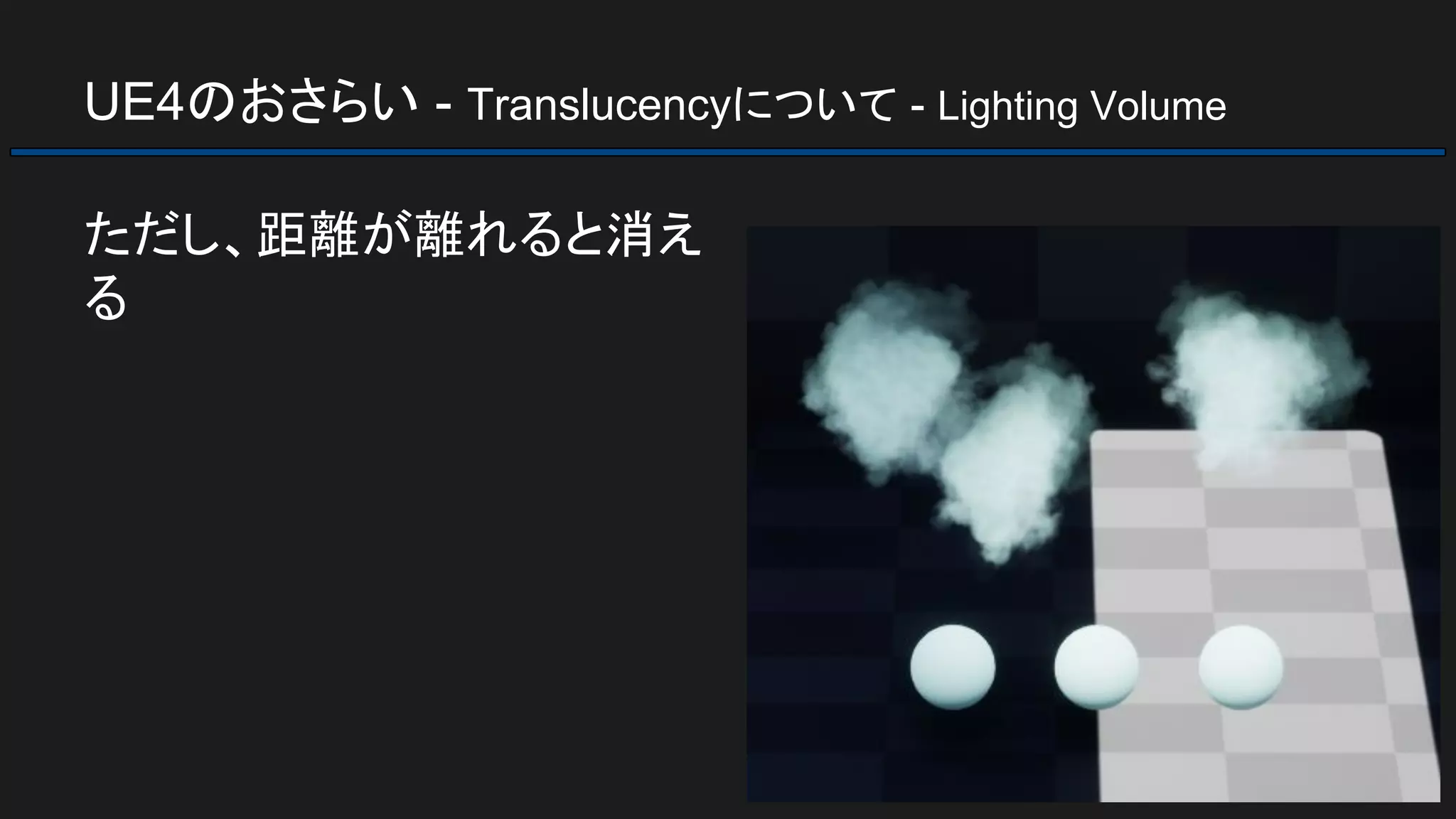 UE4のおさらい - Translucencyについて - Lighting Volume
ただし、距離が離れると消え
る
 