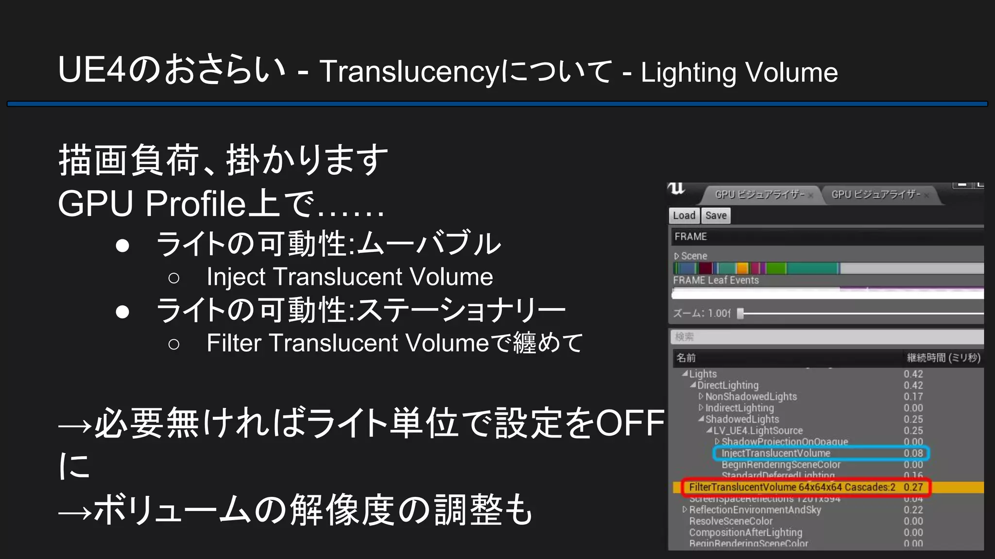 UE4のおさらい - Translucencyについて - Lighting Volume
描画負荷、掛かります
GPU Profile上で……
● ライトの可動性:ムーバブル
○ Inject Translucent Volume
● ライトの可動性:ステーショナリー
○ Filter Translucent Volumeで纏めて
→必要無ければライト単位で設定をOFF
に
→ボリュームの解像度の調整も
 