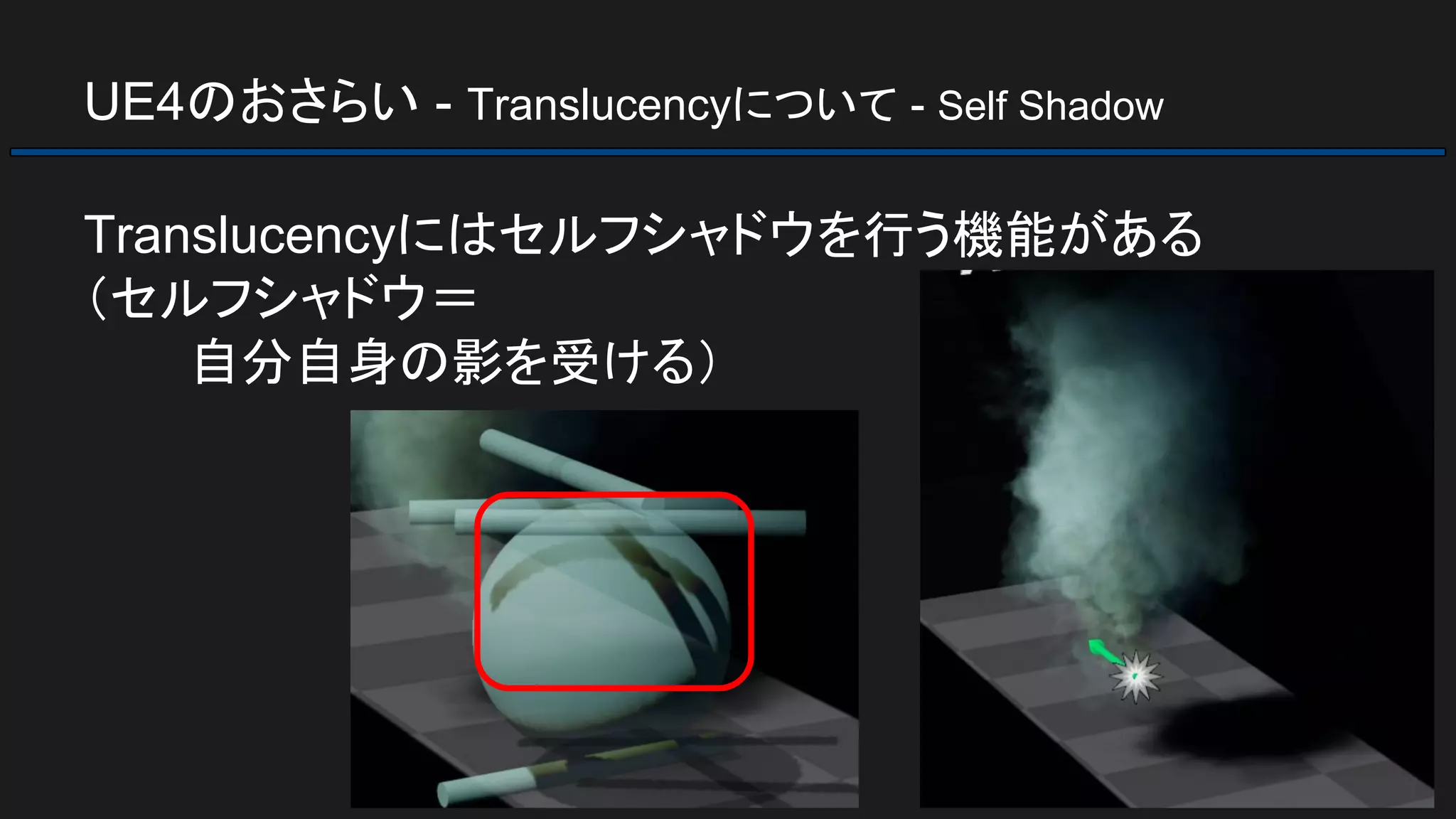 UE4のおさらい - Translucencyについて - Self Shadow
Translucencyにはセルフシャドウを行う機能がある
（セルフシャドウ＝
　　　自分自身の影を受ける）
 