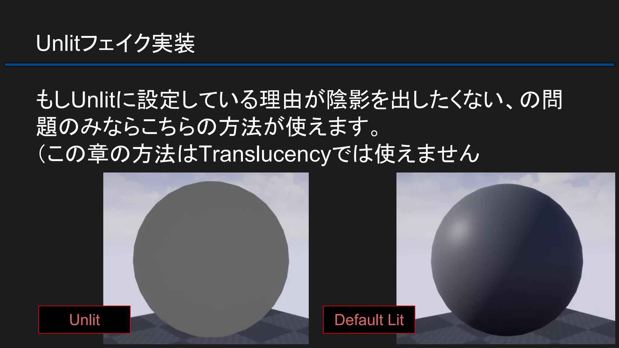 Unlitフェイク実装
もしUnlitに設定している理由が陰影を出したくない、の問
題のみならこちらの方法が使えます。
（この章の方法はTranslucencyでは使えません
Default LitUnlit
 