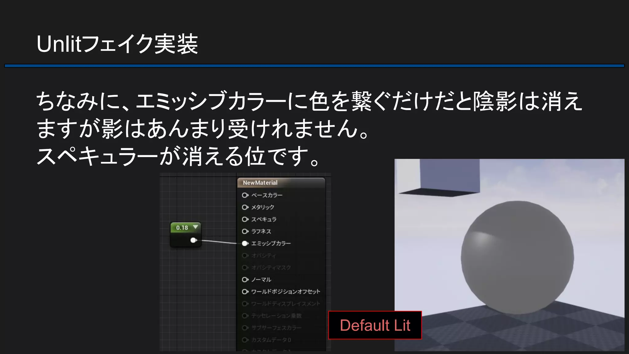 Unlitフェイク実装
ちなみに、エミッシブカラーに色を繋ぐだけだと陰影は消え
ますが影はあんまり受けれません。
スペキュラーが消える位です。
Default Lit
 