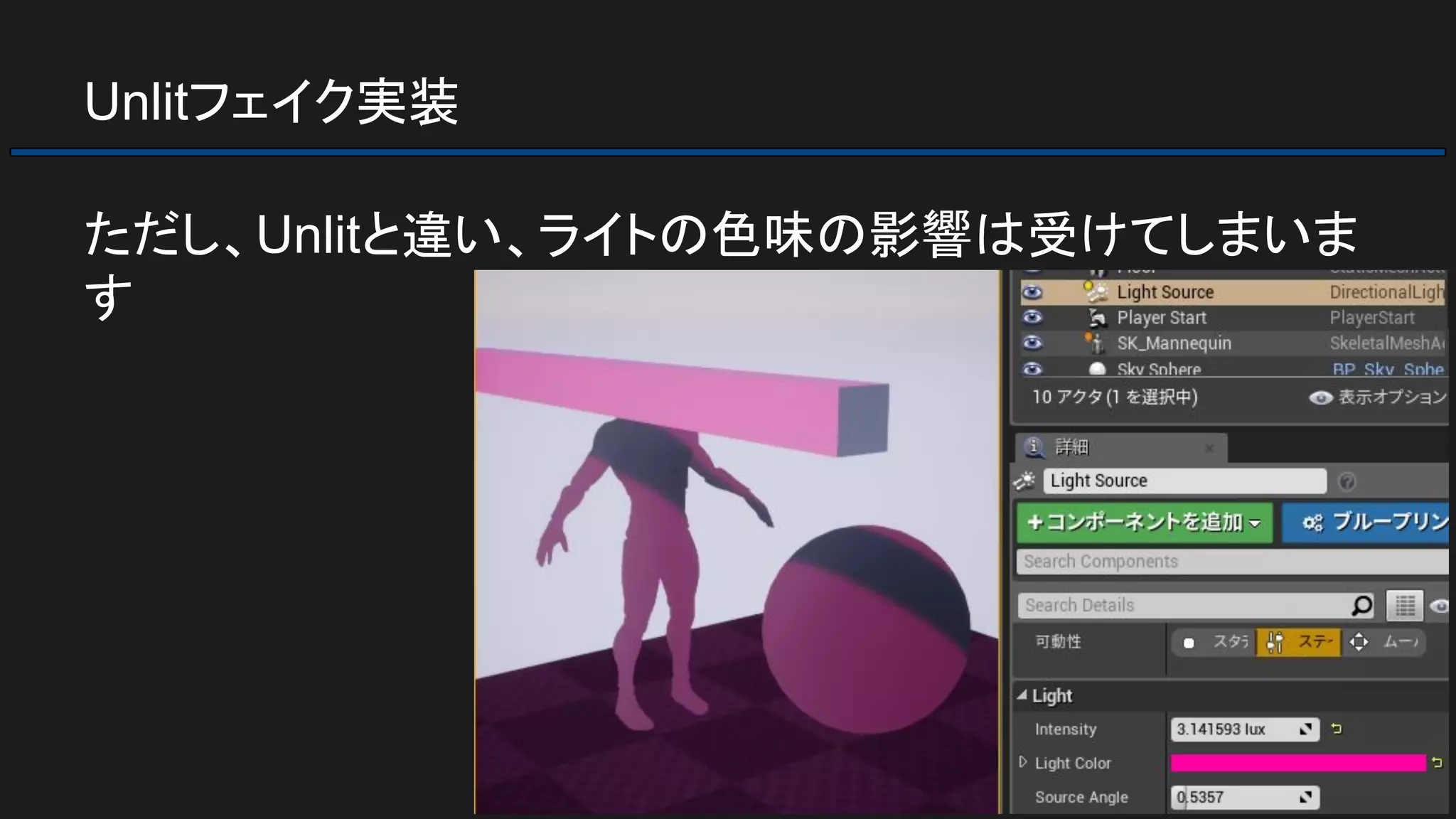 Unlitフェイク実装
ただし、Unlitと違い、ライトの色味の影響は受けてしまいま
す
 