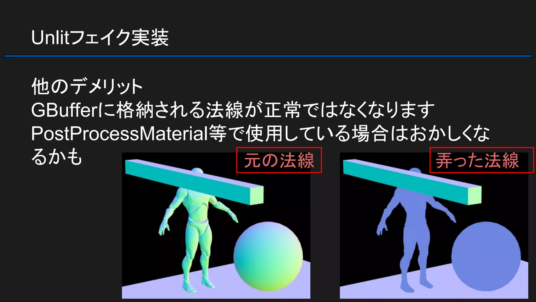 Unlitフェイク実装
他のデメリット
GBufferに格納される法線が正常ではなくなります
PostProcessMaterial等で使用している場合はおかしくな
るかも 元の法線 弄った法線
 