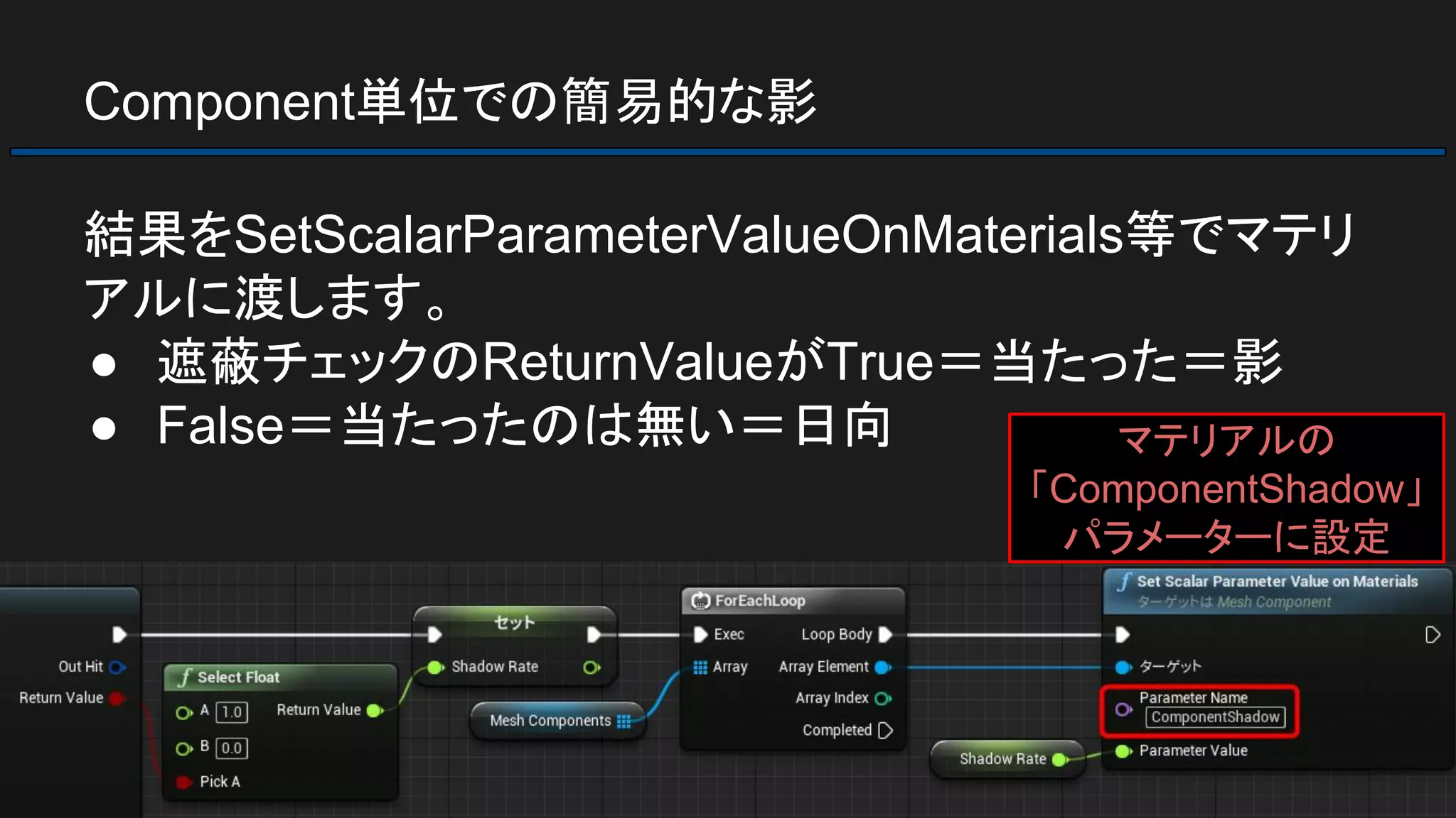 Component単位での簡易的な影
結果をSetScalarParameterValueOnMaterials等でマテリ
アルに渡します。
● 遮蔽チェックのReturnValueがTrue＝当たった＝影
● False＝当たったのは無い＝日向 マテリアルの
「ComponentShadow」
パラメーターに設定
 