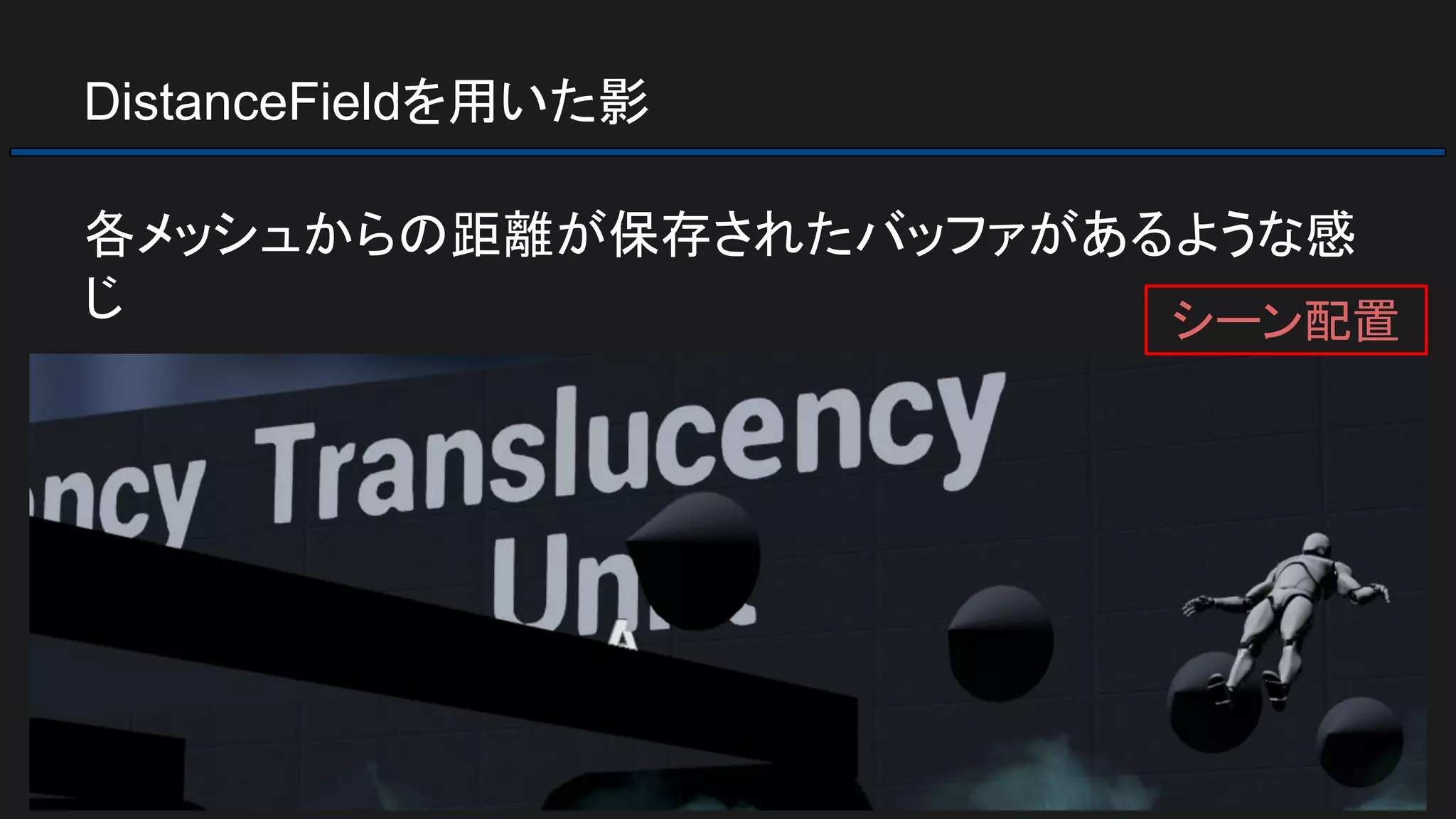 DistanceFieldを用いた影
各メッシュからの距離が保存されたバッファがあるような感
じ シーン配置
 