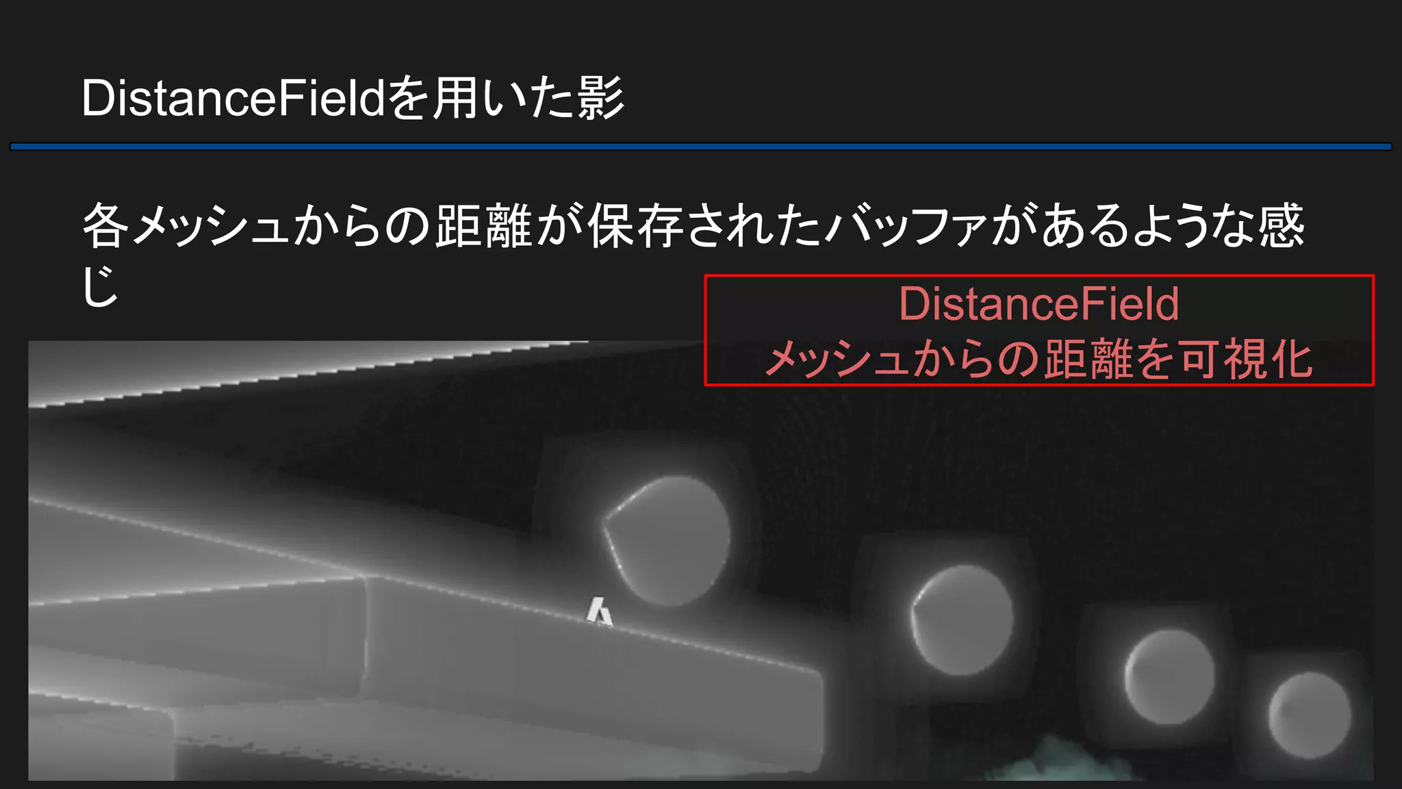 DistanceFieldを用いた影
各メッシュからの距離が保存されたバッファがあるような感
じ DistanceField
メッシュからの距離を可視化
 