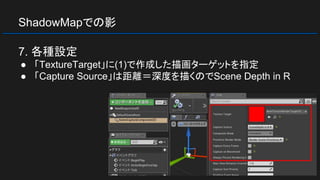 ShadowMapでの影
7. 各種設定
● 「TextureTarget」に(1)で作成した描画ターゲットを指定
● 「Capture Source」は距離＝深度を描くのでScene Depth in R
 