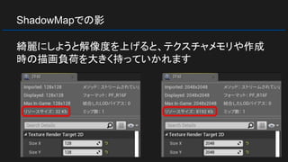 ShadowMapでの影
綺麗にしようと解像度を上げると、テクスチャメモリや作成
時の描画負荷を大きく持っていかれます
 