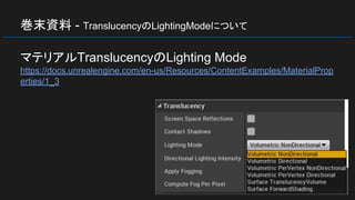 巻末資料 - TranslucencyのLightingModeについて
マテリアルTranslucencyのLighting Mode
https://docs.unrealengine.com/en-us/Resources/ContentExamples/MaterialProp
erties/1_3
 