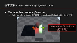 巻末資料 - TranslucencyのLightingModeについて
● Surface TranslucencyVolume
○ VolumetricDirectionalと同じ計算＋ImageBasedReflectionLightingを行う
Volumetric Directional
とほぼ同じ
 