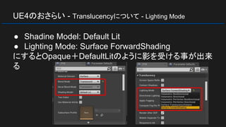 UE4のおさらい - Translucencyについて - Lighting Mode
● Shadine Model: Default Lit
● Lighting Mode: Surface ForwardShading
にするとOpaque＋DefaultLitのように影を受ける事が出来
る
 