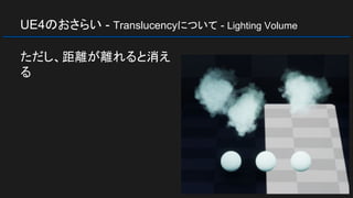 UE4のおさらい - Translucencyについて - Lighting Volume
ただし、距離が離れると消え
る
 