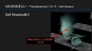UE4のおさらい - Translucencyについて - Self Shadow
Self Shadowあり
陰影が濃くなって立体感が
出てる
 