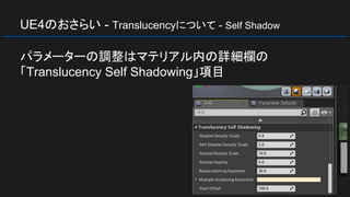 UE4のおさらい - Translucencyについて - Self Shadow
パラメーターの調整はマテリアル内の詳細欄の
「Translucency Self Shadowing」項目
 