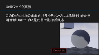 Unlitフェイク実装
このDefaultLitのままで、「ライティングによる陰影」をかき
消せばUnlitっぽい見た目で影は拾える
Default Lit
 