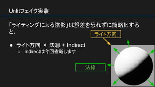 Unlitフェイク実装
「ライティングによる陰影」は誤差を恐れずに簡略化する
と、
● ライト方向 ＊ 法線 + Indirect
○ Indirectは今回省略します
ライト方向
法線
 